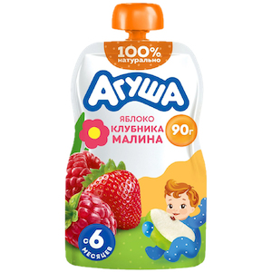 Пюре фруктовое детское Агуша Яблоко-Клубника-Малина с 6 месяцев